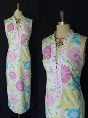 Lilly Pulitzer Vintage Coastal Caftan maxi sunflower beaded trim tunic dress 2